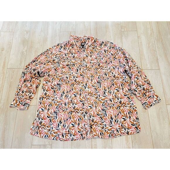 Lands' End Women's 1x Pink White Blue Floral 100% Linen LS Button Down Top - Picture 5 of 9